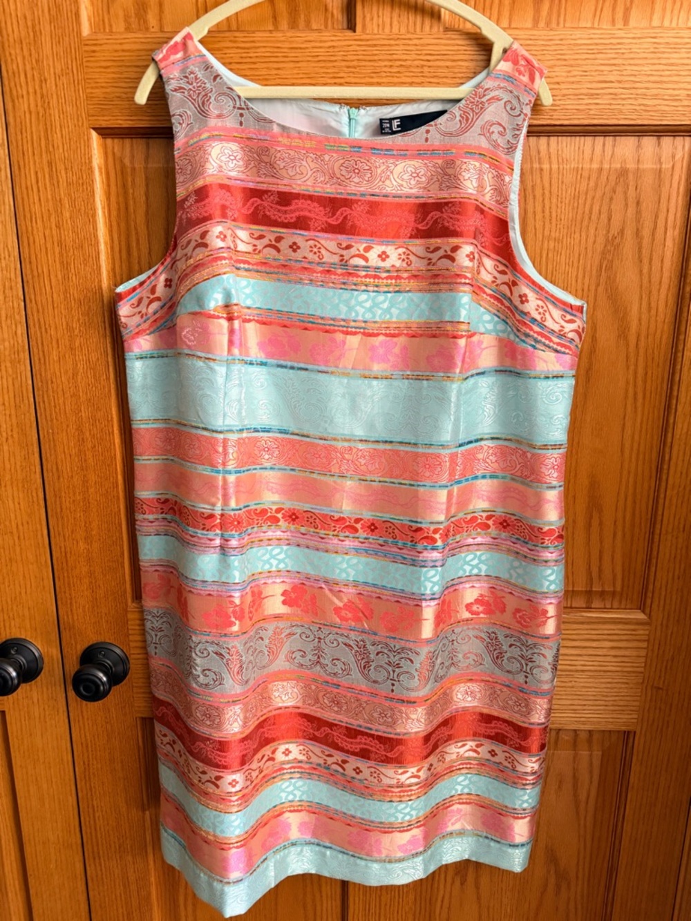 Sleeveless Striped Brocade Shift Dress in Coral and Aqua